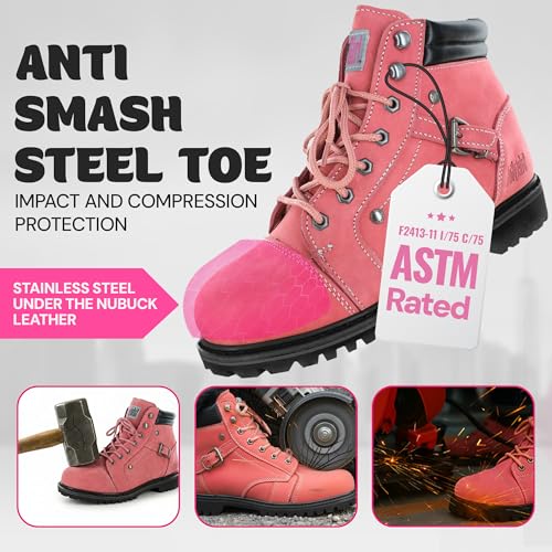 Image of Safety Girl Women's Work Boots | Water-Resistant Leather Work Boots | Oil & Slip-Resistant Soft Toe Boots for Women | Premium Nubuck Leather | Lightweight and Comfortable | Black Leather - 11.5W