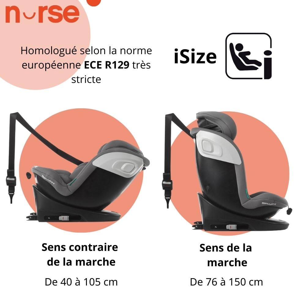 Nurse Spark Siège Auto Bébé iSize, 40 à 150 cm, 0 à 12 Ans, Isofix, Top Tether, Pivotant 360, Position de Charge, 13 Positions, Gris