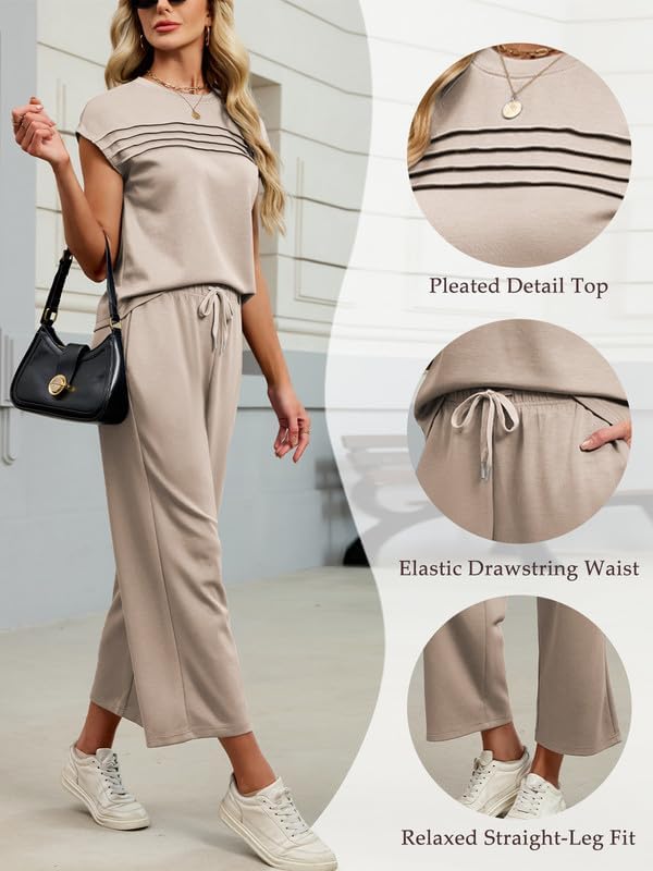 Womens Two Piece Sets Summer Outfits Matching Lounge Sets Vacation Travel Outfits Casual Tops Wide Leg Pants Sets - Image 5