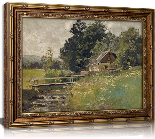 ApexBlume Vintage Gold Framed Landscape Wall Art Riverside Houses Prints - image 1
