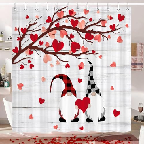 JAWO Valentine Shower Curtain, Romantic Valentines Watercolor Falling Red Heart Shower Curtain, Red Hearts Cute Gnomes Bathroom Accessories Set with Hooks, 72x72 Inch