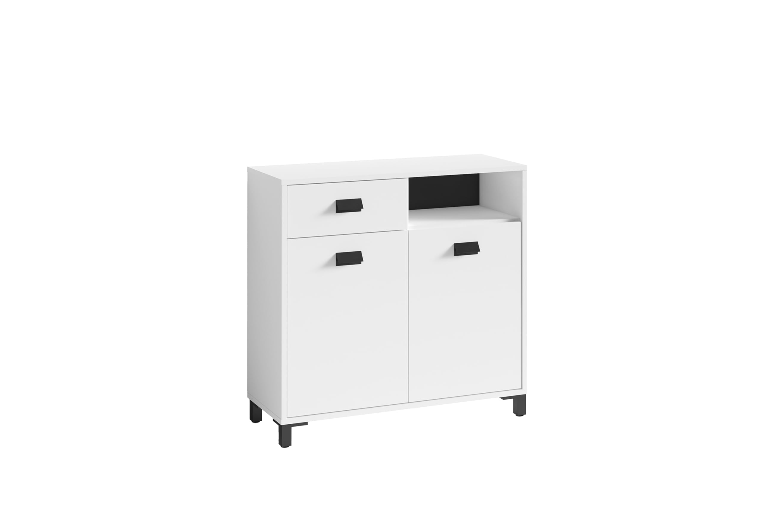 byLIVING Badezimmer-Kommode Wellness, Melamin weiß, schwarze Griffe aus Metall, 1 Schublade + 2 Türen, FSC-zertifiziert, B 80,5 × H 77,5 × T 31 cm