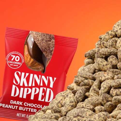 Image of SkinnyDipped Dark Chocolate Peanut Butter Almonds, Healthy Snack, Plant Protein, Gluten Free, 0.46 oz Mini Bags, Pack of 24 | Crunchy Whole Almonds Thinly Dipped in Chocolate | Gluten Free | Plant Protein Snack Packs