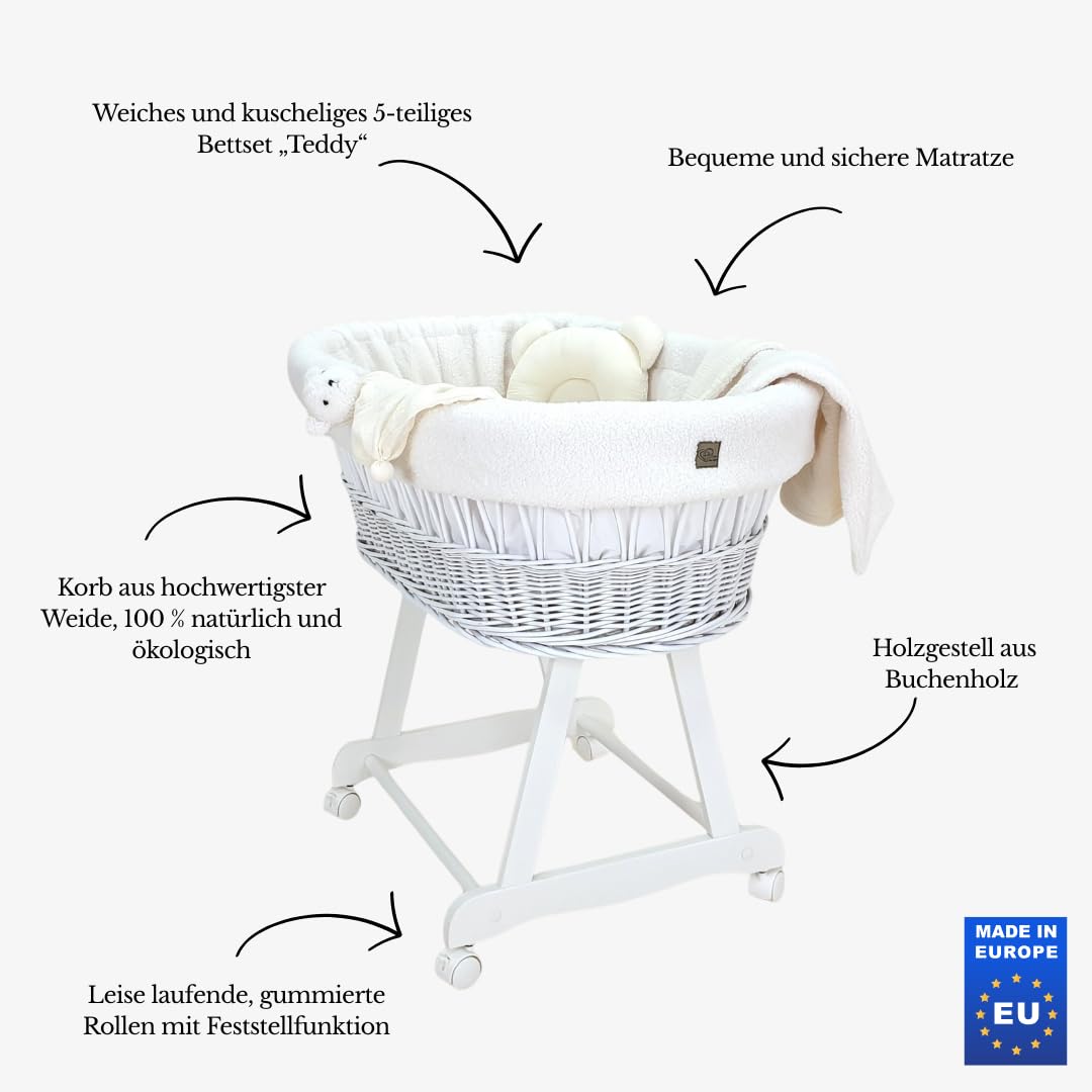 Łóżeczko dziecięce Amelia – ręcznie tkany Mojżesz z materacem i materacem – 5-częściowy zestaw pościeli Teddy Ecru – przenośny wózek na kółkach – idealny dla noworodków