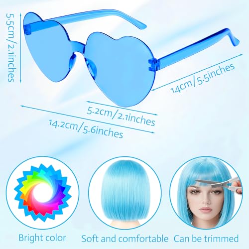 Image of MEEZY Light Blue Short Bob Wigs Straight Hair with Flat Bangs Heart Sunglasses for Women, Colorful Funny Cosplay Party Neon Wig Synthetic Natural As Real Carnival Halloween Costume Party Favors