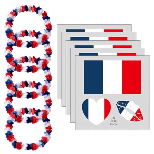 AEUXZA Kit Supporter France 15 Pièces - 5x Colliers de Fleurs Bleu Blanc Rouge & 10x Tatouages pour Coupe du Monde 2026 Euro, Accessoire Tricolore, Déco Fête