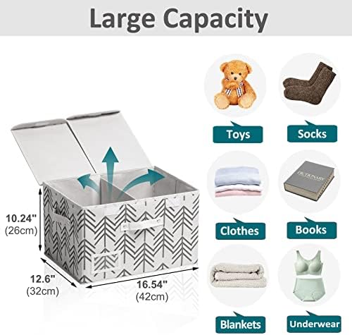 Salato Storage Baskets with Lids 42x32x26cm, 2 Pack Collapsible Storage Boxes with Lids & Printed Patterns, Large Storage Baskets with Double Lids for Shelves, Beige