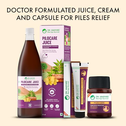 Image of Dr. Vaidya's Advanced Piles Care Combo | Ayurvedic Medicine for Piles, Hemorrhoids, Fissure & Fistula Relief | Piles Capsules, Pilocare Juice & Cream for Natural Pain, Bleeding & Constipation Relief (Combo)