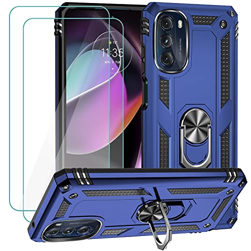 Muntinfe for Motorola Moto G 5G 2022 Case with 2 Pcs Tempered Glass Screen Protector, Military-Grade Armor Shockproof Protective Phone Cover with Ring Magnetic Kickstand , Blue