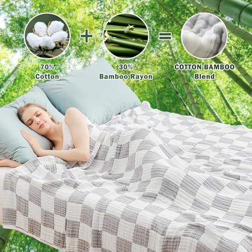 Image of EMME Cooling Muslin Twin Blanket - Checkered Lightweight Summer Cotton Blankets of Rayon Derived from Bamboo for Hot Sleepers, Soft Breathable All Season Gauze
