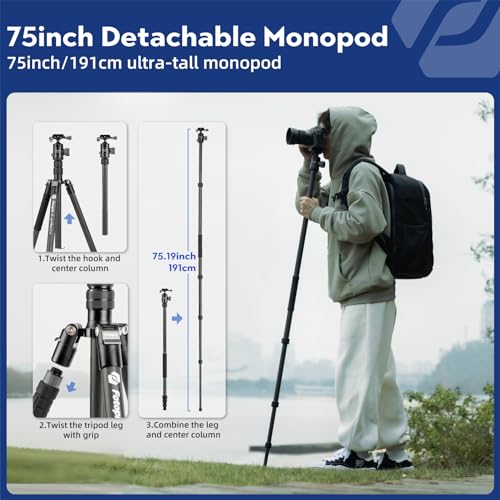Image of Fotopro 73 inch /185cm Carbon Fiber Travel Tripod for Camera, 360 Panorama Ball Head, Arca Quick Release Plate, Portable Bag, Compact Travel Tripod Monopod for DSLR Camera Camcorder, Load up to 22lbs /10kg