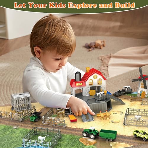 Frontoytall Farm Animals Toys with Play Mat, Farm Playset Barn House with Animals Figurines and Truck Tractor Toys for Kids, Farm Set Animal Toy for 3-12 Years Old Kids Boys Girls Toddlers, 49PCS