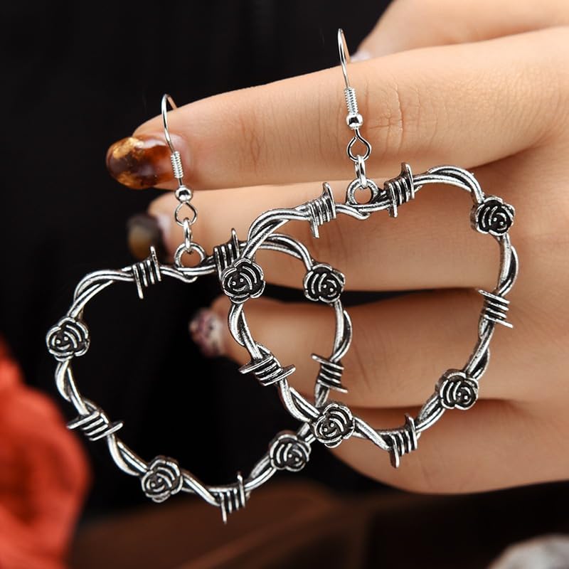 Gothic Barbed Wire Love Heart Drop Dangle Earrings Chunky Big Flower Hoop Metal Thorns for Women Girls Goth Punk Large Hip Hop Party Jewelry2