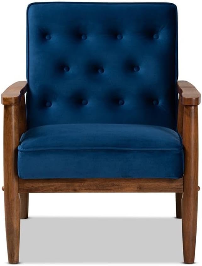 BOWERY HILL Velvet Upholstered Wood Lounge Chair, Navy Blue, Button Tufted, Rubberwood Frame, Retro Modern Style, 33.27" H x 27.36" W x 29.72" D, Perfect for Living Room, Office, or Waiting Area