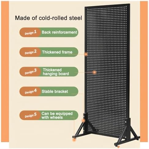Movable Metal Pegboard Display Stand with Wheels, 20 Hooks, Freestanding Organizer Rack for Garage, Crafts & Retail - T-Base Design, 80x40x150 cm