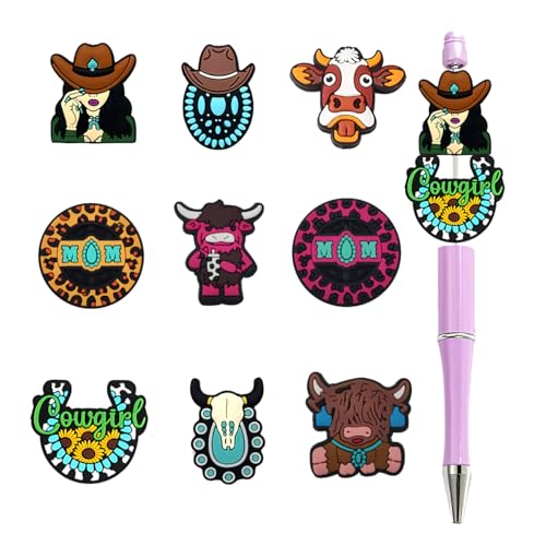 AirSun 9pcs Cowboy & Cow Silicone Beads, Animal Shaped Silicone Focal Beads for Keychain Pens Lanyard DIY Supplies Cute Beads for Handicraft Work