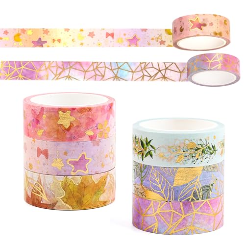 RISVOWO 6 Rollos Washi Tape Set, 15mm x 5m Cinta Adhesiva Decorativa, Papel de Oro Cinta Adhesiva, Decorativa Masking Tape para Diy Crafts Scrapbooking, Manualidades