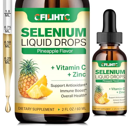 Selenium Liquid Drops 200mcg Liquid Selenium Supplement with Vitamin C & Zinc Support for Immune System Antioxidant & Heart Health High Absorption Pineapple Flavor 2 Fl Oz
