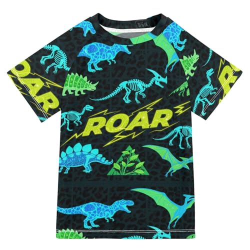 Roaring T-rex Pterosaur Ankylosaurus Black Fluorescent Green Short Sleeve Girls Bathing Suit Girls Swimsuit Rashguard Rash Guard Boys for 3-12 Years Traje de Banos para ninas