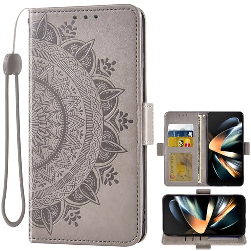 Coque Z Fold 4 Asuwish grise style portefeuille avec porte-cartes intégré