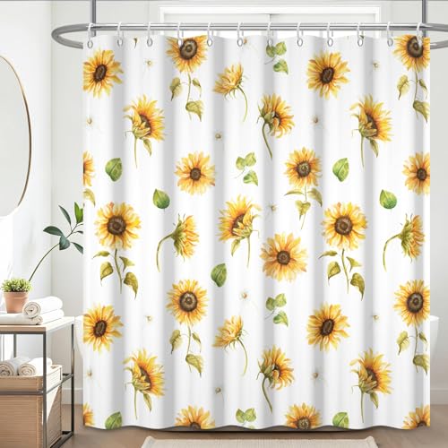 GICDSU Sunflower Shower Curtain Set Floral Botanical Pattern for Summer Bathroom Decor Yellow Shower Curtain in Farmhouse Style Waterproof Polyester Bath Curtain with 12 Hooks 72x72 Inches