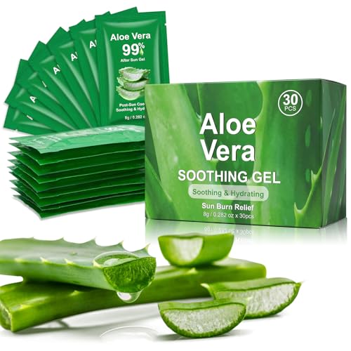 Jutqut 30 Packs Aloe Vera Gel Sachet - 99% Organic Aloe Vera Juice for Face & Body Deeply Hydrating & Calming Fast Absorbing Refreshing Non-Greasy Sunburn Relief & After-Sun Care