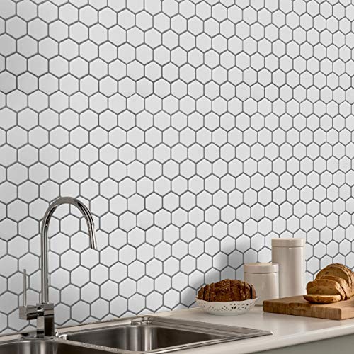 Decopus 3D Tile Peel And Stick Vinyl (Hexagon White Ceramic 10Pc/Pack) For Kitchen Backsplash, Wall Accents, Bathroom, Fauxstone Stickon Smart Tile Removable 3Dwall #TOP3