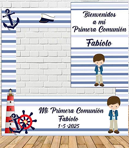 Tu Fiesta Mola Mazo Photocall de Comunión de Rayas marineras 100x100cm| Photocall Económico y Original | Detalles Comunión| Personalizable