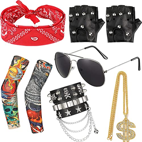 6 Pièces Punk Gothique Rocker Kit, Accessoires de Costume Rocker Disco, Avec Bandeau Rouge Vintage Gants Noirs en Cuir Punk Fausses Manches de Tatouage Soleil Lunettes, Pour Rocker Fête Des Années