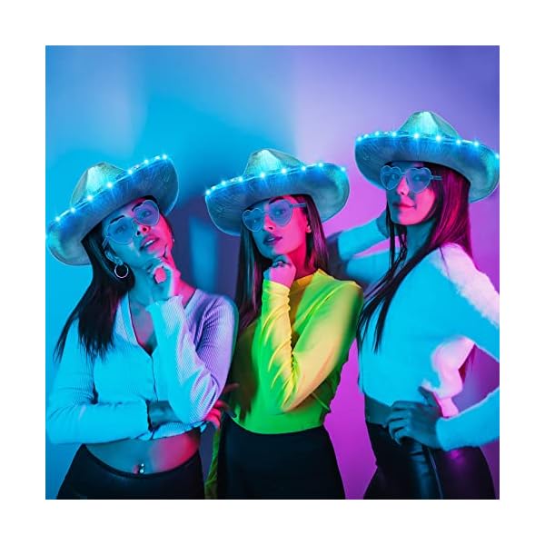 Zhanmai 8 pieces cowboy hat led light up hat and heart sunglasses sparkly space cowgirl hat for women girls halloween costume - image 5