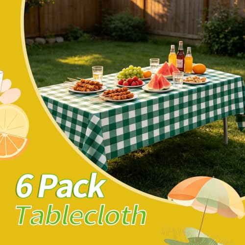 Image of tujol Dark Green and White Checkered 6 Pack Plastic Table Cloth 54 inch x 108 inch