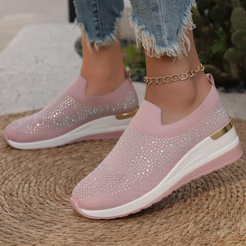 Rhinestone Sneakers for Women 2025,Women's Rhinestone Mesh Slip-On Walking Shoes Fashion Breathable Spakle Glitter Sneaker Orthopedic Wedge Lightweight Shoes Sparkly Bling Loafer3