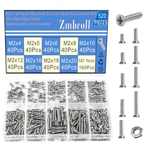 Zmbroll 520個 フラットヘッド M2 小ネジ 皿ねじ M2x4/5/6/8/10/12/16/18/20mm 304 ステンレススチールねじ フルスレッド 小ネジ ファスナー ボルト ナット ラップトップ コンピューター スクリューキット