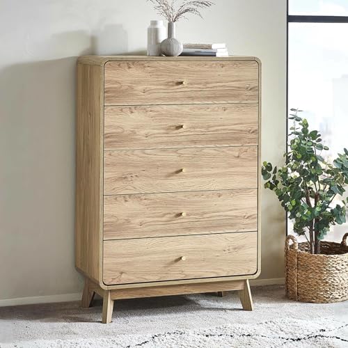 Julian Bowen Ingrid Chest of Drawers – Wooden Dresser with 5 Drawers, Oak Effect Tall Sideboard for Bedroom and Living Room – 121.8cm x 80cm x 40cm