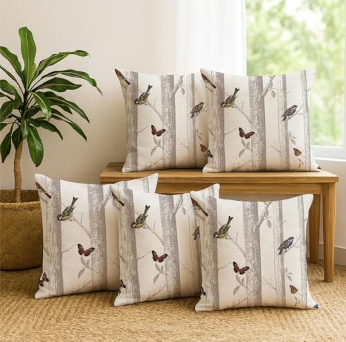 Image of Jaipur Weaves Cushion Cover 16 Inch X 16 Inch - Set of 5, Butterfly and Bird 250 GSM, Jacquard Weave, Decorative Soft Cushion Covers for Sofa /Bed /Chair, Gift for Home Decor (Woodland, 5)