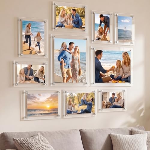 Novabright 8x10 5x7 4x6 Inch Acrylic Floating Picture Gallery Frame Set 10 Pack 3 Size Wall Mount Clear Picture Floating Frame Bulk Double Panel Hanging Photo Frameless Frames Office Home Display