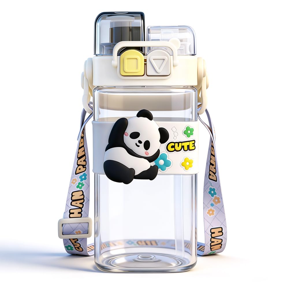 WFKKMEQ Panda Water Bottle with Straw, Panda Drinking Bottle Water Bottle Large Capacity Plastic Bottles Adjustable Strap Double Drinking Leakproof Sports Bottles for Travel School (520ML) Cowboy