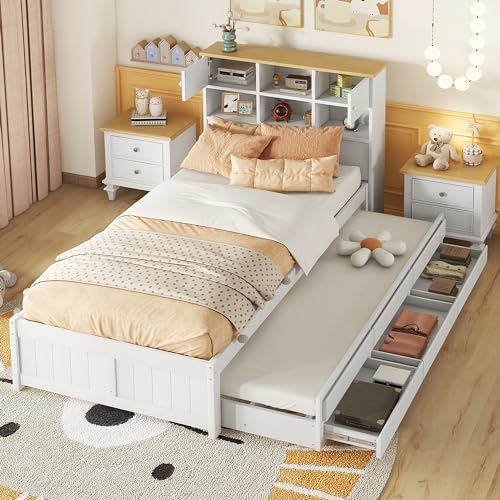 Zravenna Cama de madera maciza de 90 x 200 cm con somier y cama nido, cama individual con varios compartimentos de almacenamiento en la cabecera de la cama y tres cajones (blanco)