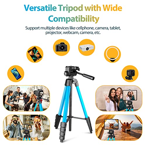 Image of Aureday Phone Tripod Stand, 64 inch Extendable Cell Phone&Camera Tripod with Wireless Remote and Phone Holder, Aluminum iPad Tripod for Video Recording /Selfies /Live Stream /Vlogging (Blue)