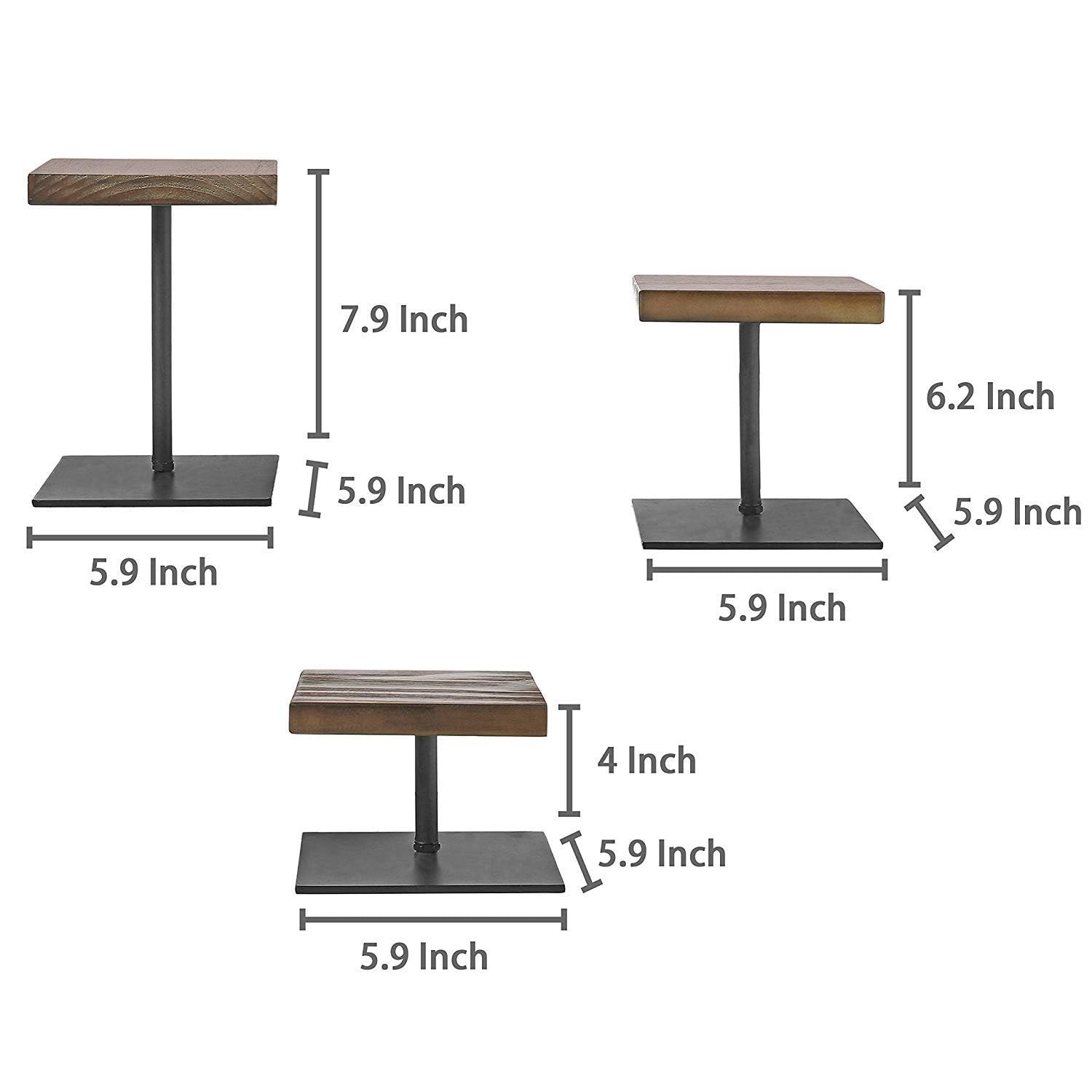10333 Rustic Dark Brown Wood & Black Metal Various Height Retail Display Risers Stand, Set of 3