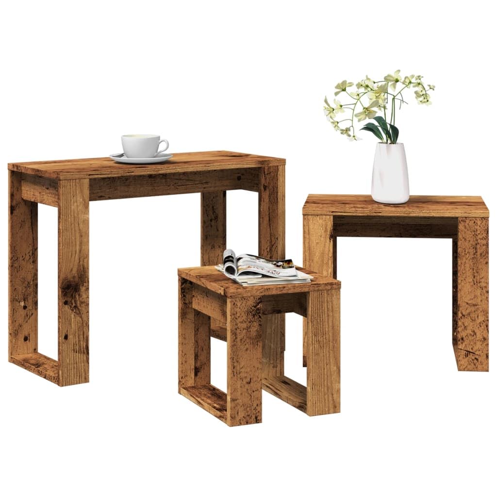 SXZenSpace Nest of Tables 3 pcs Old Brown Engineered Wood Nesting Side Coffee End Set 61 x 28 47 cm for Living Room Bedroom Hallway