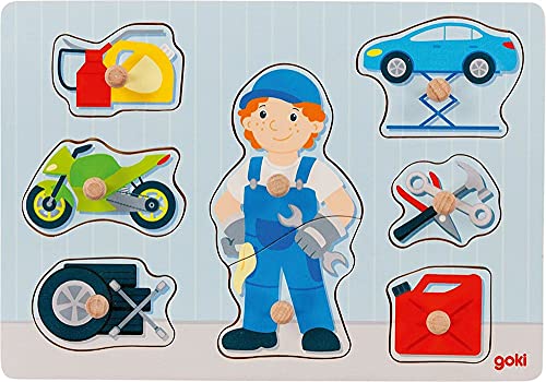 goki 57407 - Steckpuzzle Automechaniker aus Holz - 8 Teile