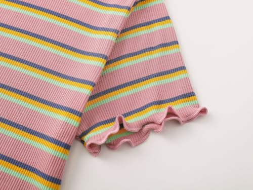 Image of Girls Striped T-Shirt Lettuce Trim Short Sleeve Top Size 6-16 | Soft stretch ribbed knit fabric, breathable blouse,summer outfit for big girls & teen, for school, party and daily activity