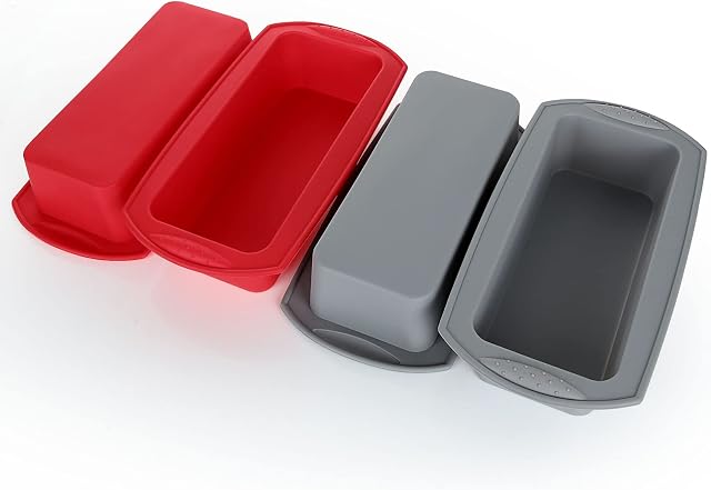 JMIATRY 4 Pack Silicone Loaf Tin, 1lb to 2lb Non Stick Bread Tin, Professional Loaf Tins for Baking Loaves, Breads, Cakes and Lasagna, Red and Grey(27x13x6.5cm)