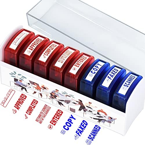 Bertiveny 8 PCS Self-Inking Rubber Stamp Set for Office Stamps Business Stamp Message Account Stamp Paper Work Text Ink Stampers Approved Paid Completed Copy Faxed Scanned Stamps with Plastic Tray