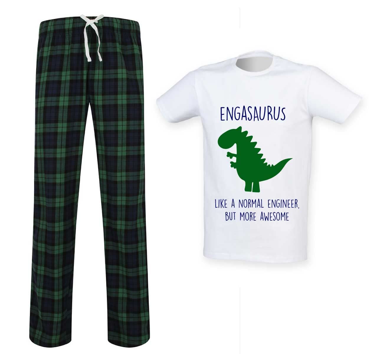 Engineer Dinosaur Tartan Pyjama Set - Mens Novelty Pyjamas - Green - XL