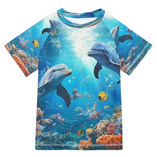 Boys Sun Shirts UV Protection Short Sleeve Rash Guard Swim Shirt Dolphin Water Shirt Rashguard 11-12T,0122