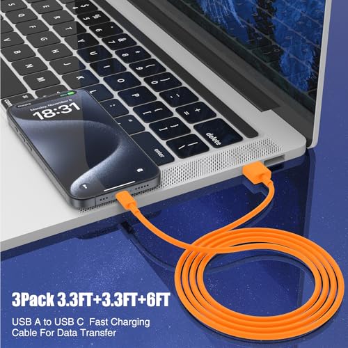 Image of 3-Pack Orange [3.3FT+3.3FT+6FT] USB A to USB C Cable，USB to USB C Cable，Car Carplay Cable for iPhone 17 16 15 Pro Plus Pro Max Air，for Galaxy S25, for iPad, for MacBook and More