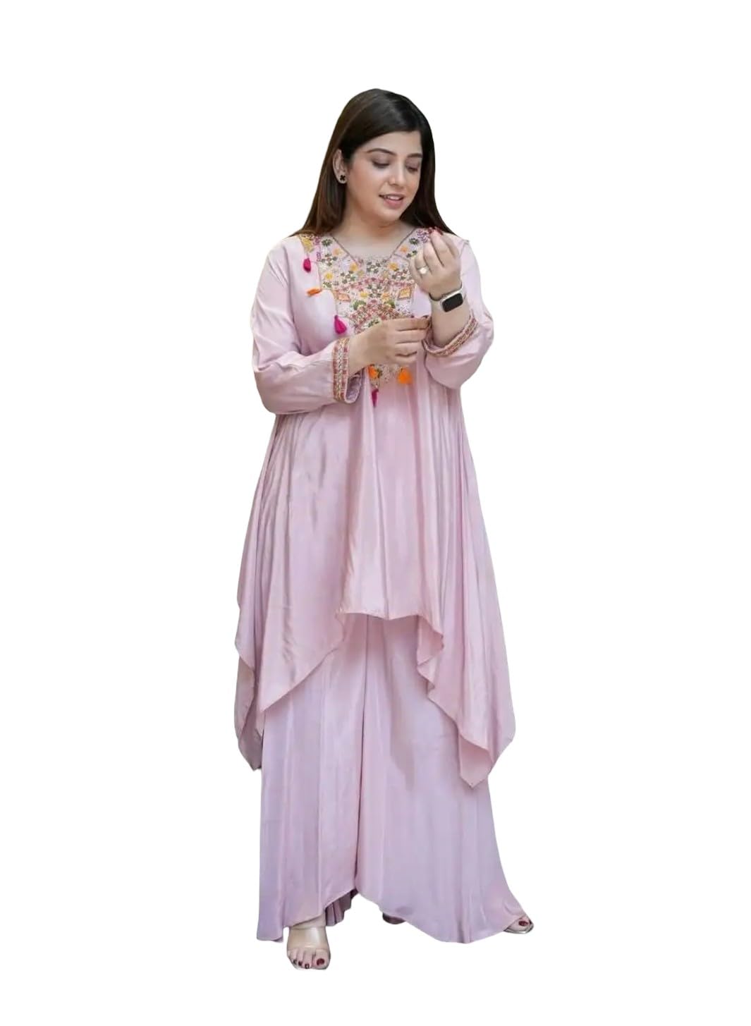 Women Pink Embroidered Kurta with Draped Palazzo Set (IN, Alpha, 2XL, Regular, Yellow)