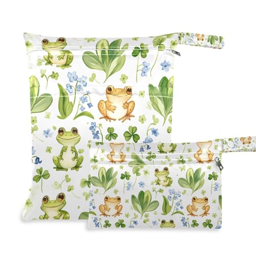 PYBUG Cute Frogs Wet Dry Bags Sets Waterproof Reusable with Two Zippered Pocket for Diaper,Swimsuit,Gym Clothes,2 Pack